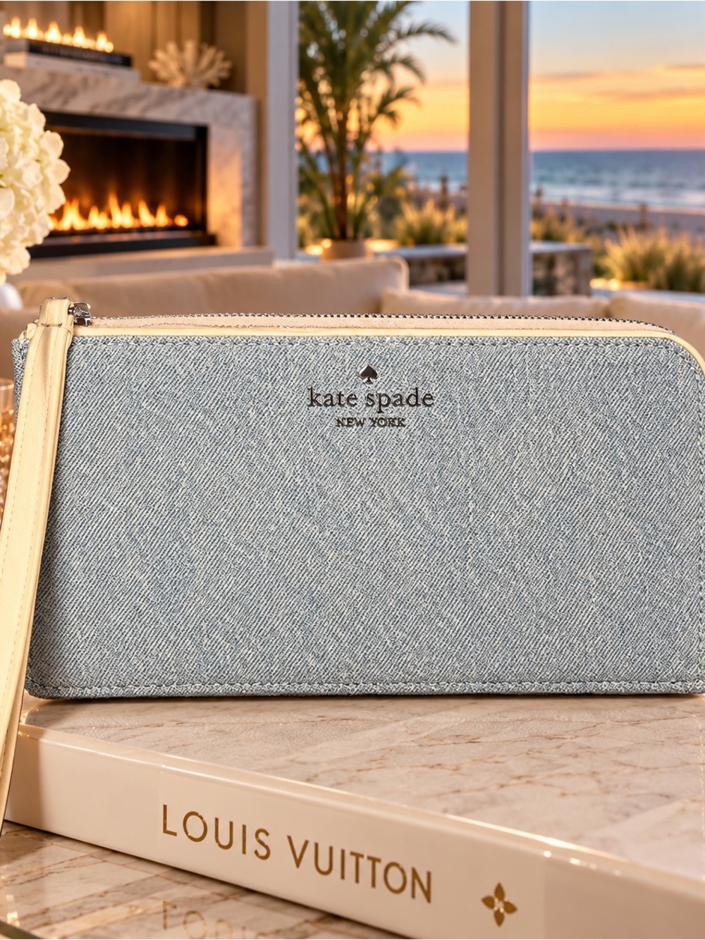 kate spade Lucy Light Blue Denim Wristlet with Cream Trim